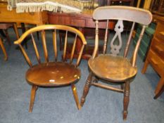 AN ERCOL STYLE ARMCHAIR AND AN ELM KITCHEN CHAIR (2)