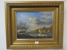 A GILT FRAMED OIL ON BOARD OF SAIL SHIPS IN THE BAY