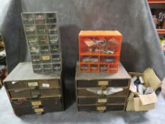 FOUR CABINET DRAWERS CONTAINING VARIOUS ELECTRONIC COMPONENTS, FITTINGS AND A BOX OF CAPACITORS