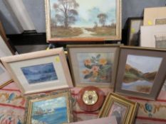 A TRAY OF ASSORTED PICTURES AND PRINTS ETC