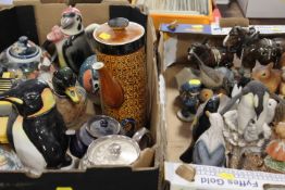 TWO TRAYS OF ASSORTED NOVELTY TEA POTS, ANIMAL FIGURES ETC