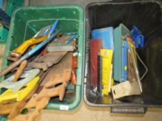 TWO BOXES CONTAINING VARIOUS TOOLS, SAWS, DRILL SOCKET SET
