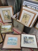 A TRAY OF ASSORTED FRAMED PICTURES AND PRINTS ETC