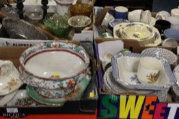 FOUR TRAYS OF CERAMICS AND GLASS ETC TO INCLUDE AN ANTIQUE TUREEN
