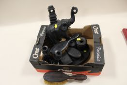 A TRAY OF TREEN TO INCLUDE A DRESSING TABLE SET