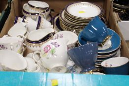A TRAY OF ASSORTED ROYAL ALBERT FLOWER OF THE MONTH CUPS AND SAUCERS WITH BLUE AND WHITE AYNSLEY TEA