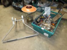 A TRAY OF ASSORTED TOOLS ALONG WITH A TILLEY LAMP AND LADDER STAND OFF