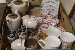 A TRAY OF ASSORTED CERAMICS TO INCLUDE THREE PIECES OF DRESDEN CONSISTING OF AN INKWELL, PEN TRAY,