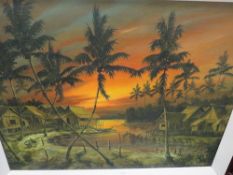 AN OIL ON CANVAS OF AN EASTERN VILLAGE SCENE TOGETHER WITH PICTURES AND PRINTS (4 )