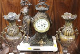 A VINTAGE FRENCH CLOCK GARNITURE ON MARBLE BASE