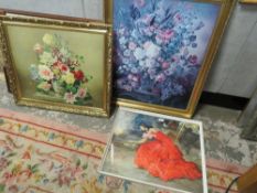 TWO GILT FRAMED STILL LIFE PRINTS TOGETHER WITH LITHO STYLE PRINT OF A FLAMINGO DANCER