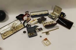 A BOX OF ASSORTED COSTUME JEWELLERY ETC