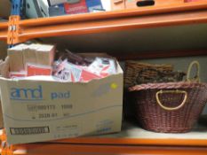 A SELECTION OF ASSORTED INTERIOR CAR MIRRORS. HEADLIGHT BULBS ETC PLUS A SELECTION OF WICKER