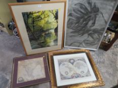 A FRAMED AND GLAZED IMPRESSIONIST TYPE WATERCOLOUR OF A WOODED RIVER SCENE SIGNED LOWER LEFT EDWIN F