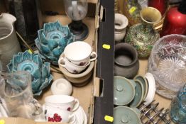 TWO TRAYS OF CERAMICS AND GLASS TO INCLUDE A CLOISONNE STYLE VASE