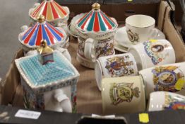 A TRAY OF ASSORTED SADDLER TEA POTS, CORONATION MUGS ETC