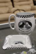 A VINTAGE BLACK AND WHITE WHISKY CHESSBOARD JUG AND MATCHING ASHTRAY