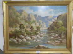 A GILT FRAMED OIL ON BOARD OF A MOUNTAINOUS RIVER SCENE INDISTINCTLY SIGNED LOWER LEFT AND DATED