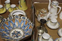 TWO TRAYS OF ASSORTED CERAMICS TO INCLUDE NORITAKE COFFEE WARE TOGETHER WITH TWIN HANDLED DECORATIVE
