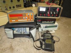 A SELECTION OF ELECTRONIC TESTING EQUIPMENT TO INCLUDE A 1502 OSCILLOSCOPE, FREQUENCY COUNTERS,