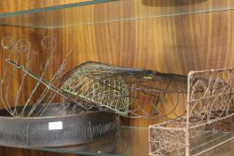 A COLLECTION OF VINTAGE WIREWORK GARDEN PLANTERS ETC TO INCLUDE A RIDDLE, HANGING BASKET ETC