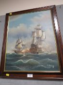 A FRAMED OIL ON CANVAS OF NAVEL BATTLESHIPS OF WAR SIGNED LOWER RIGHT J HARVEY