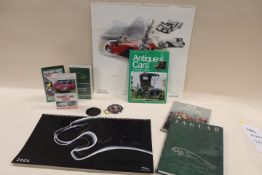 A COLLECTION OF VINTAGE JAGUAR MEMORABILIA TO INCLUDE A JAGUAR DRIVERS CLUB CAR BADGE, VARIOUS