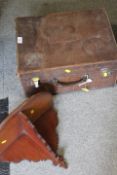 A VINTAGE SUITCASE MAHOGANY WALL BRACKET ETC
