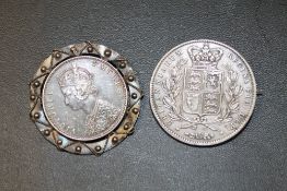 AN 1845 SILVER CROWN BROOCH AND RUPEE INDIA SILVER BROOCH