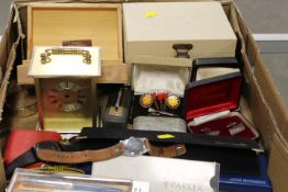 A TRAY OF COLLECTABLES TO INCLUDE PARKER PENS WRIST WATCHES ETC