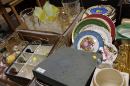 THREE TRAYS OF CERAMIC AND GLASS ETC TO INCLUDE A HANKER-CHIEF VASE