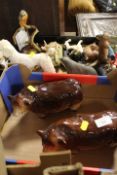 TWO BUTCHER SHOP CERAMIC BULLS TOGETHER WITH A TRAY OF ASSORTED ANIMAL FIGURES TO INCLUDE AYNSLEY