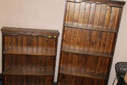 TWO STAINED PINE OPEN BOOKCASES