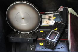 A QUANTITY OF ASSORTED AUDIO EQUIPMENT TO INCLUDE TURNTABLE BASE PLATE, SPEAKERS ETC
