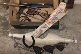 A TRAY OF AGRICULTURAL BYGONES TO INCLUDE A YOKE