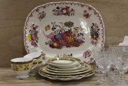 A COLLECTION OF CERAMICS AND GLASS TO INCLUDE A MEAT PLATE , SIX BRIERLEY CRYSTAL SHERRY GLASSES AND