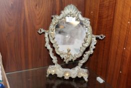 A DECORATIVE GILT METAL DRESSING TABLE MIRROR