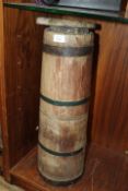 A TALL BANDED WOODEN CHURN STYLE VESSEL