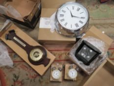 A TRAY OF VARIOUS BOXED CLOCKS, BAROMETER AND TALKING ALARM CLOCKS