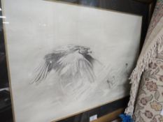A GILT GLAZED AND FRAMED CHARCOAL STYLE PICTURE OF A BIRD OF PREY CHASING A HARE