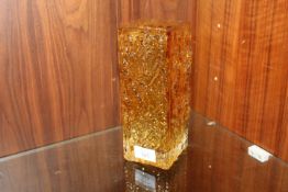 A SQUARE AMBER COLOUR BARK EFFECT STUDIO GLASS VASE