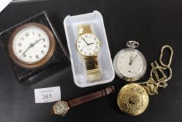A HALLMARKED 9 CARAT GOLD CASED WRIST WATCH A/F TOGETHER WITH A PHILIPS MERCIER WRIST WATCH, DESK
