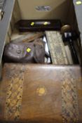 A TUNBRIDGE WARE WORKBOX TOGETHER WITH TREEN TO INCLUDE VINTAGE BRIDGE BOARD ETC