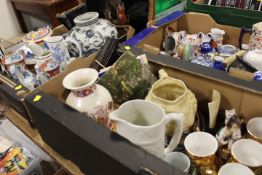 THREE TRAYS OF ASSORTED CERAMICS TO INCLUDE ORIENTAL STYLE EXAMPLES , IRON STONE JUGS ETC