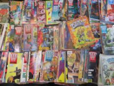A LARGE BOX OF 2000AD COMICS FEATURING JUDGE DREDD FROM MIXED ERAS TO INCLUDE 1987 AND 1993 ETC