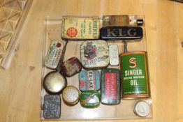 A TRAY OF COLLECTABLE TINS ETC TO INCLUDE HMV EXAMPLE CONTAINING RECORD NEEDLE