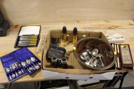 A TRAY OF CUTLERY ETC TO INCLUDE CASED SETS AND A LARGE THOMAS PLOWLAND STUDIO BOWL