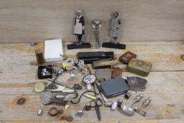 A TIN OF GOOD COLLECTABLES TO INCLUDE NOVELTY BABY FEEDING SET , WHISTLES, VESTA, FRUIT KNIFE,