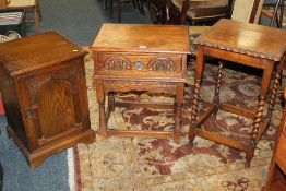 A SMALL OAK SIDE CABINET, SIDE TABLE AND A BARLEY TWIST TABLE (3)