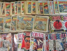 TWO BOXES OF COMICS TO INCLUDE BATTLE ACTION (EARLIEST DATE 7th JULY 1979) AND CRISIS